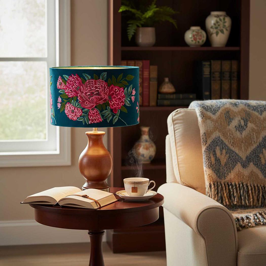 Peony Drum Shade 40x25cm Teal