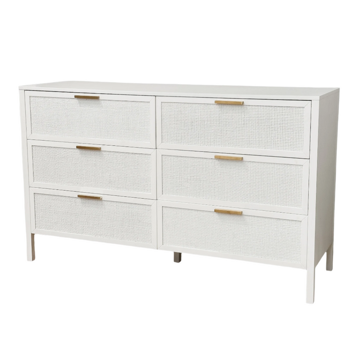 Santorini Hamptons 6 Drawer Timber/Rattan Dresser 140cm White