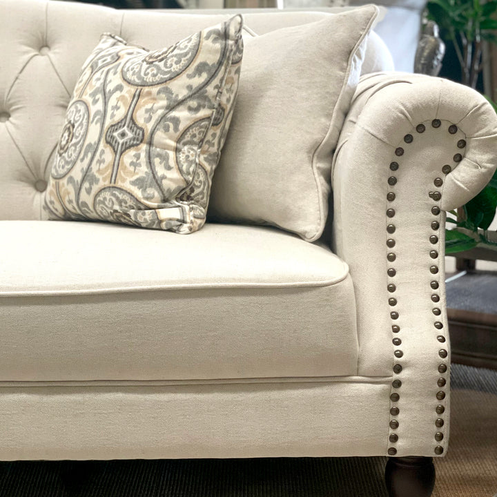 Vaucluse 3 Seat Hamptons Buttoned Sofa Beige Linen Blend