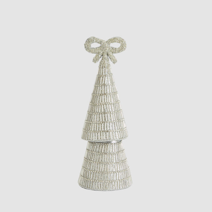 Tiffany Bow Bugle Bead Tiered Cone Tree Small Silver