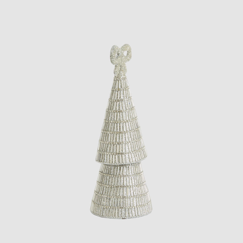 Tiffany Bow Bugle Bead Tiered Cone Tree Small Silver