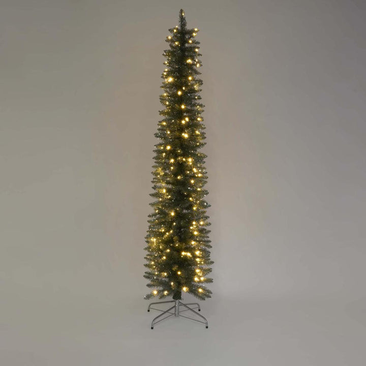 Silver Green Light Up Slim Pencil Tree 210cm with 200 LED with Foot Pedal