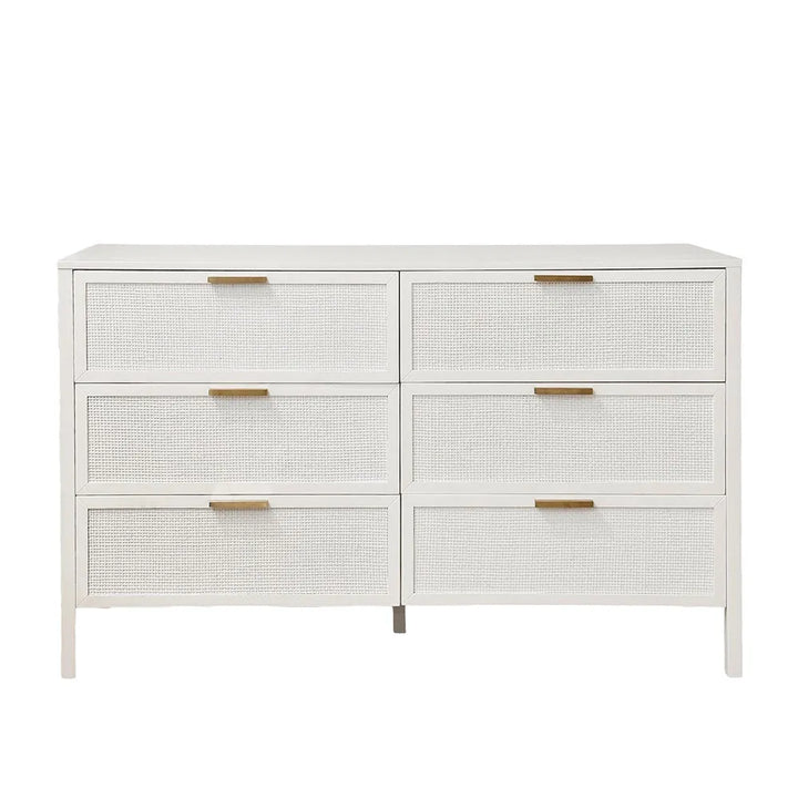 Santorini Hamptons 6 Drawer Timber/Rattan Dresser 140cm White