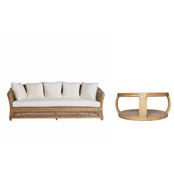 Cayman Rattan 3 Seat Sofa Cream Cushion and Coffee Table