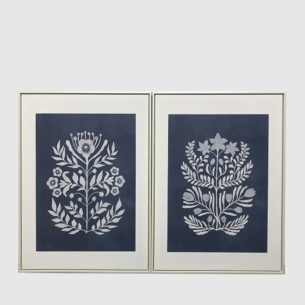 Flowers Blue Motif Framed Wall Art 60x80cm Set 2
