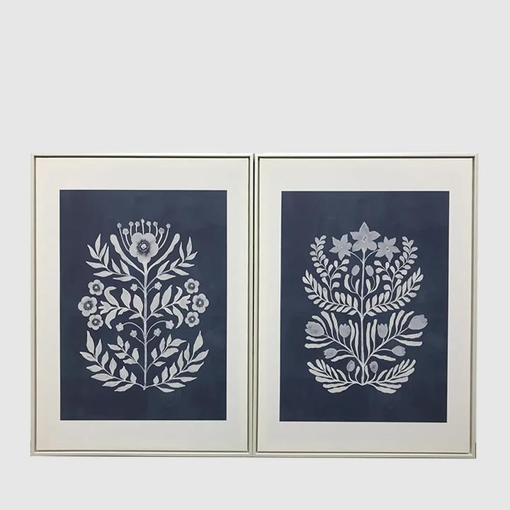 Flowers Blue Motif Framed Wall Art 60x80cm Set 2