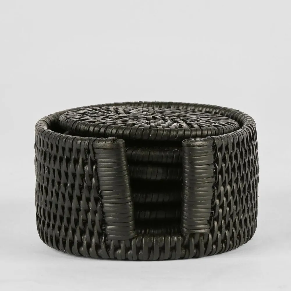 Paume Rattan Round Coaster Set 6 Black
