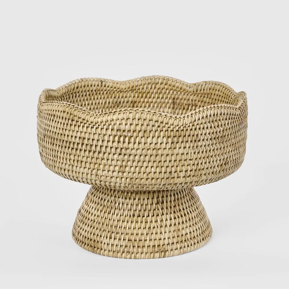 Paume Scallop Rattan Fruit Bowl on Stand Natural