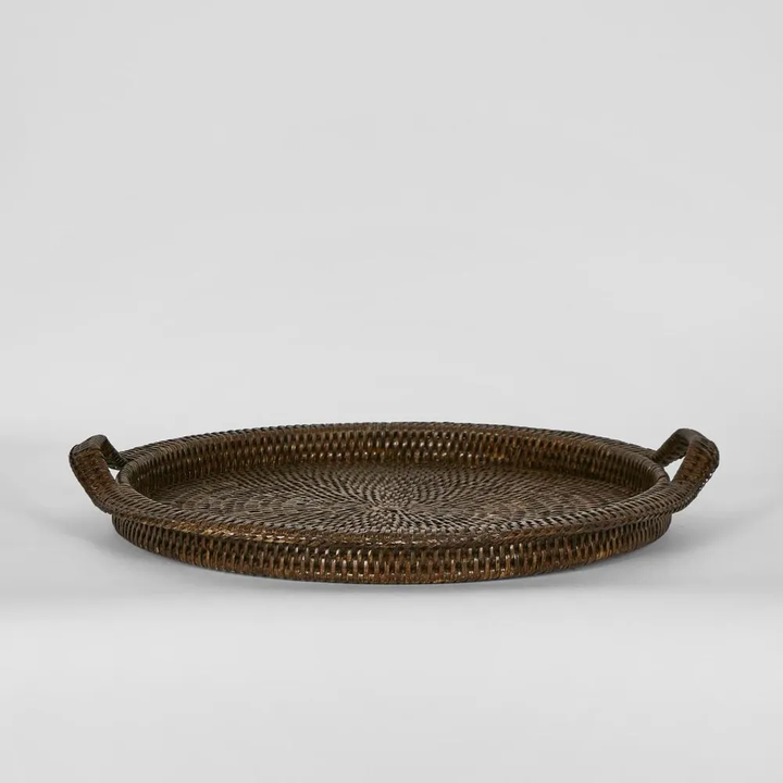 Paume Rattan Round Serving Tray with Handles Antique Brown