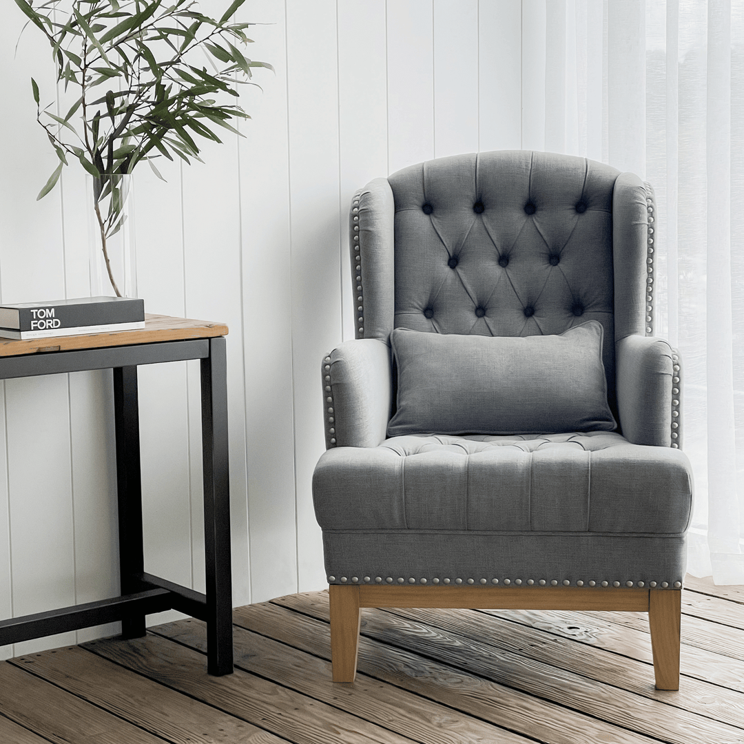 George Buttoned Armchair Grey W Silver Studs