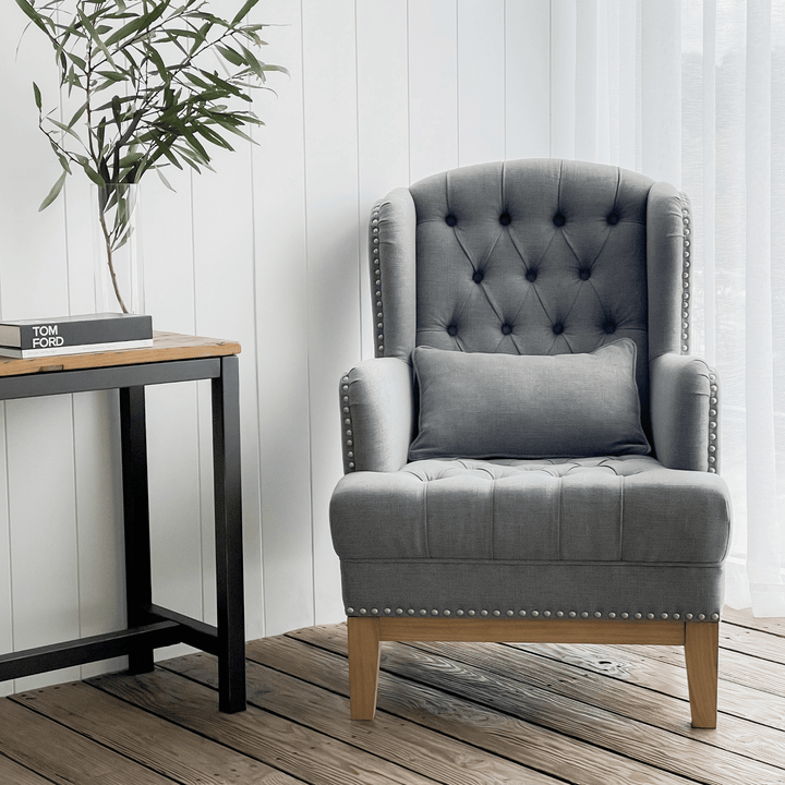 George Buttoned Armchair Grey W Silver Studs