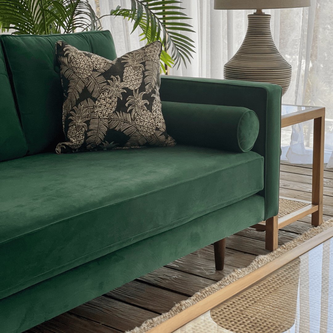 Evie Button Tuffed 3 Seat Sofa Forest Green Velvet W/ Bolster Cushions