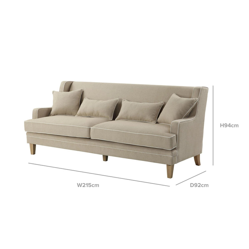 Bondi 3 Seat Hamptons Sofa Natural W/White Piping Linen Blend