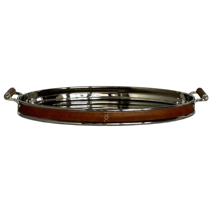 Verona Oval Tray Leather Brown and Silver