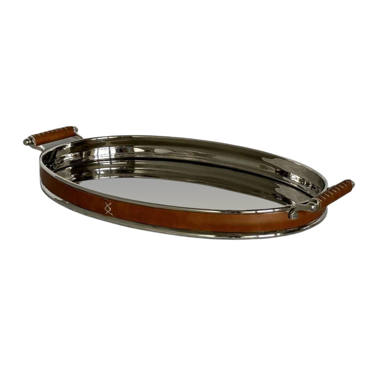 Verona Oval Tray Leather Brown and Silver