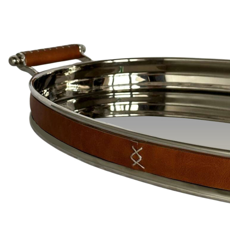 Verona Oval Tray Leather Brown and Silver