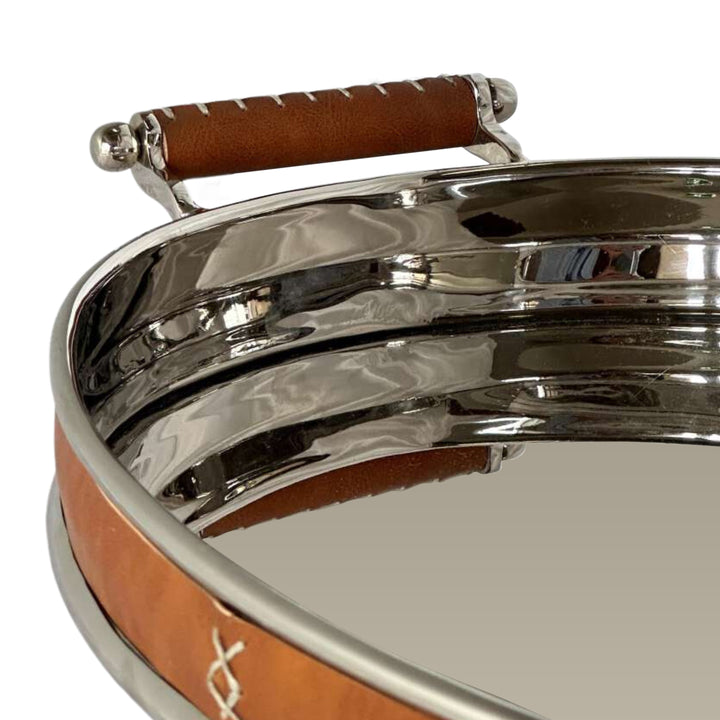 Verona Oval Tray Leather Brown and Silver