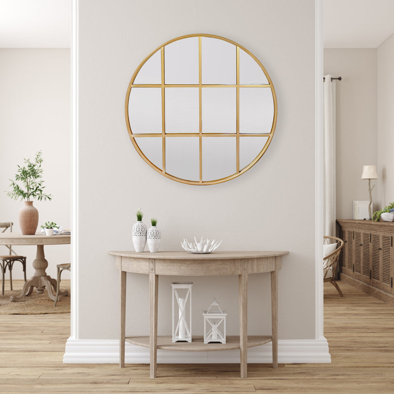 Amelia Gold Rimmed Round Paned Mirror D120cm