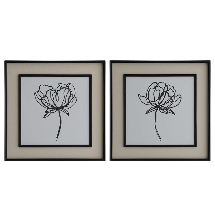 Sketched Flowers In Black Frame With Linen Insert Set 2