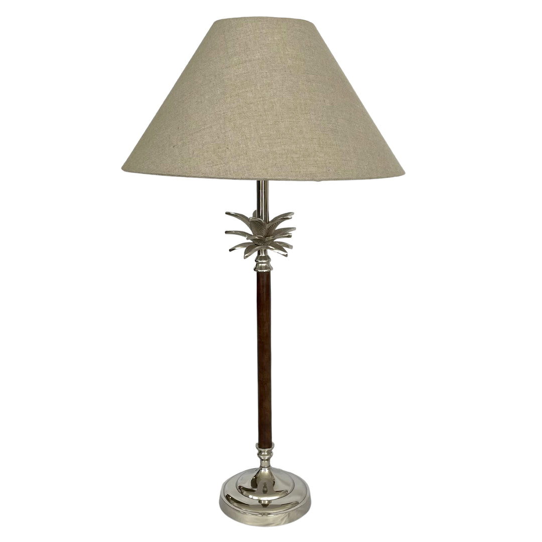 Nickel/Wood Palm Lamp W/Nat Linen Shade - Lamp Base & Shade