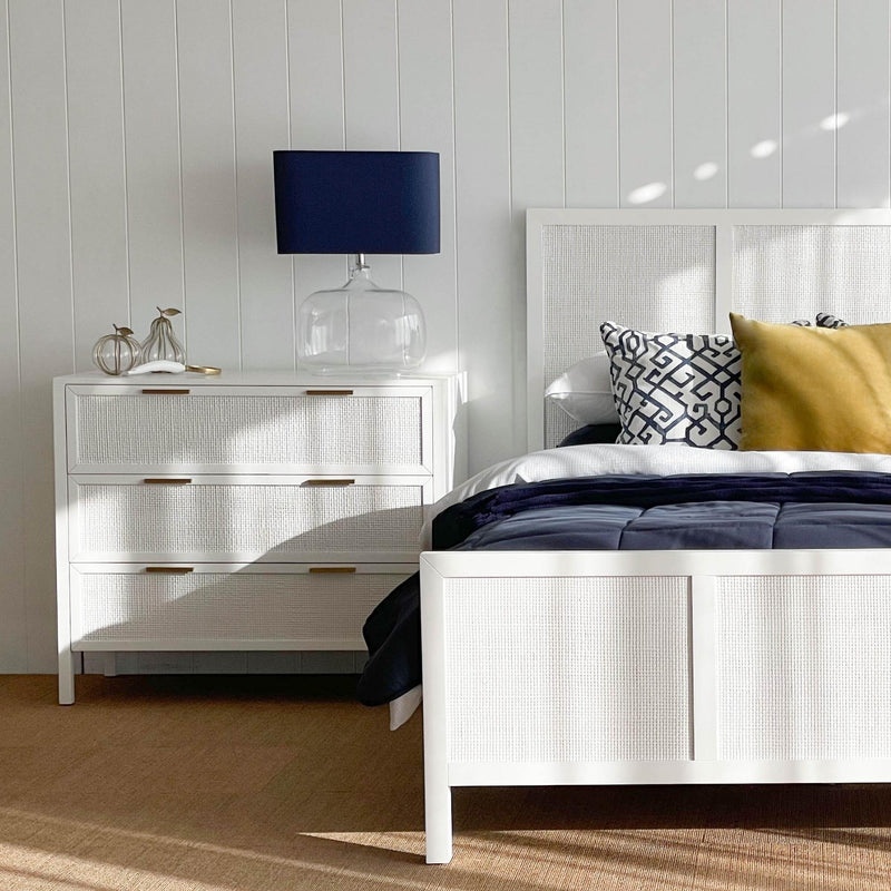 Santorini Hamptons 3 Drawer Timber/Rattan Dresser 100cm White