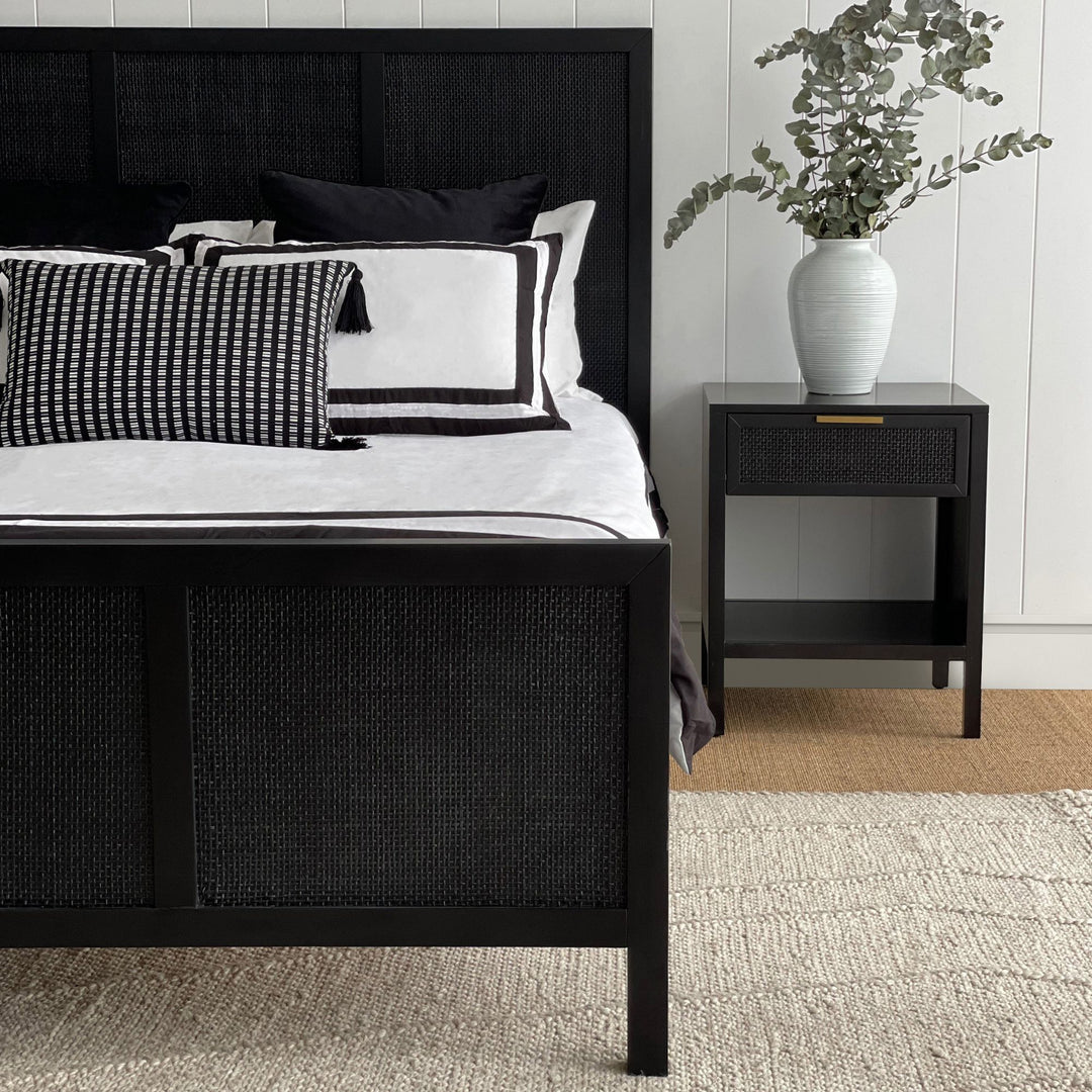 Santorini Hamptons Timber/Rattan Bedside Table Black