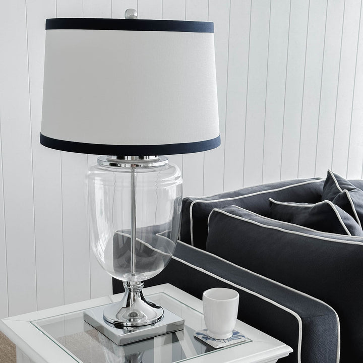 Charlotte Glass and Nickel Lamp with White Linen Shade (Navy Trim) - Lamp Base & Shade