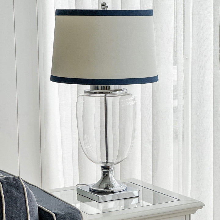 Charlotte Glass and Nickel Lamp with White Linen Shade (Navy Trim) - Lamp Base & Shade