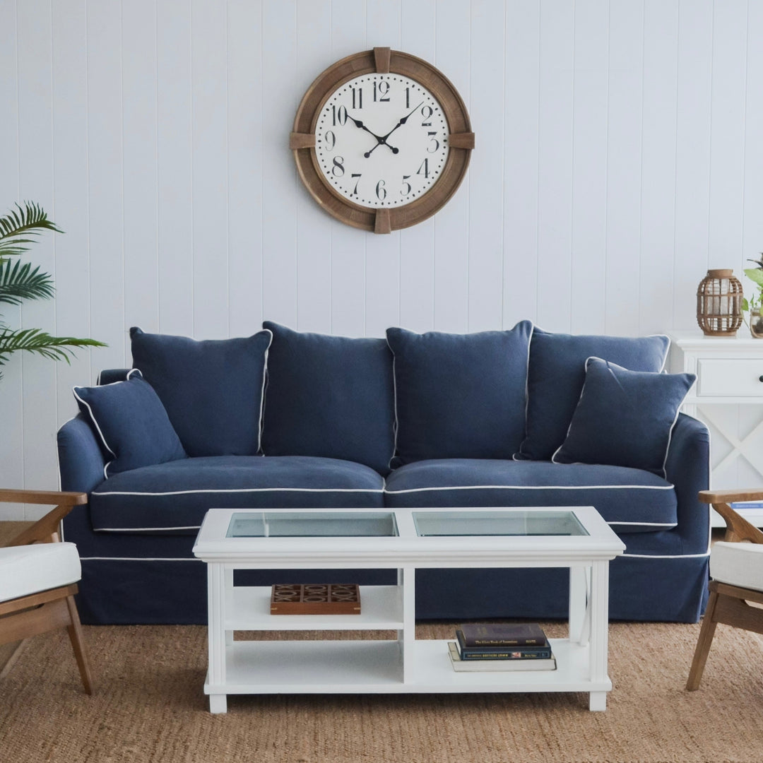 Noosa Hamptons 3 Seat Sofa Navy W/White Piping