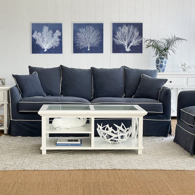 Noosa 3 Seat Hamptons Sofa Navy W/White Piping Linen Blend