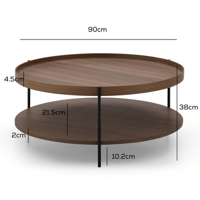 Cleo 90cm Round Coffee Table Walnut With Storage Shelf