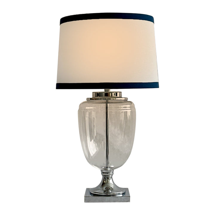 Charlotte Glass and Nickel Lamp with White Linen Shade (Navy Trim) - Lamp Base & Shade