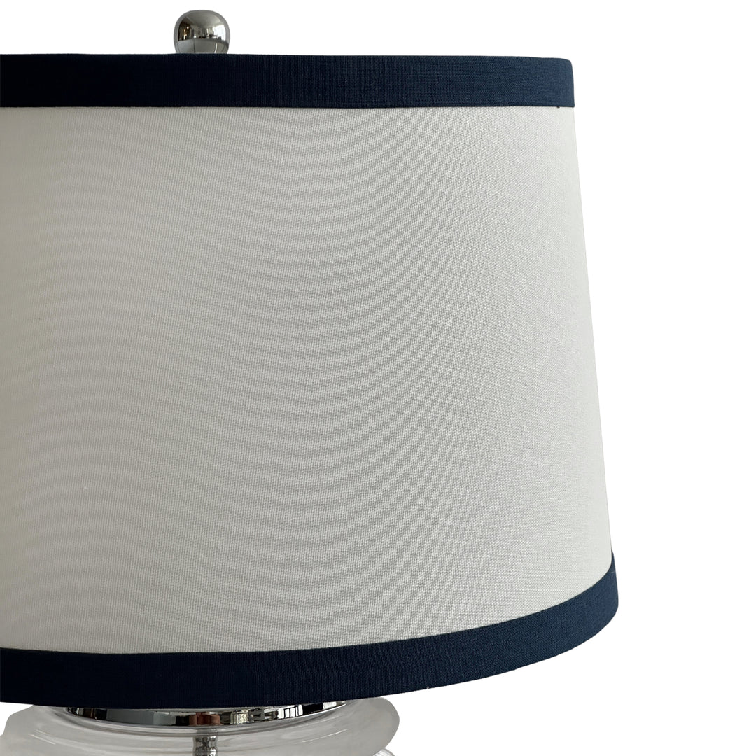 Charlotte Glass and Nickel Lamp with White Linen Shade (Navy Trim) - Lamp Base & Shade