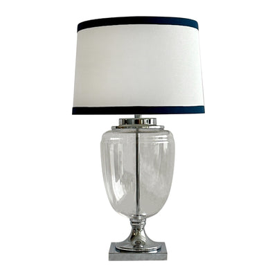 Charlotte Glass and Nickel Lamp with White Linen Shade (Navy Trim)