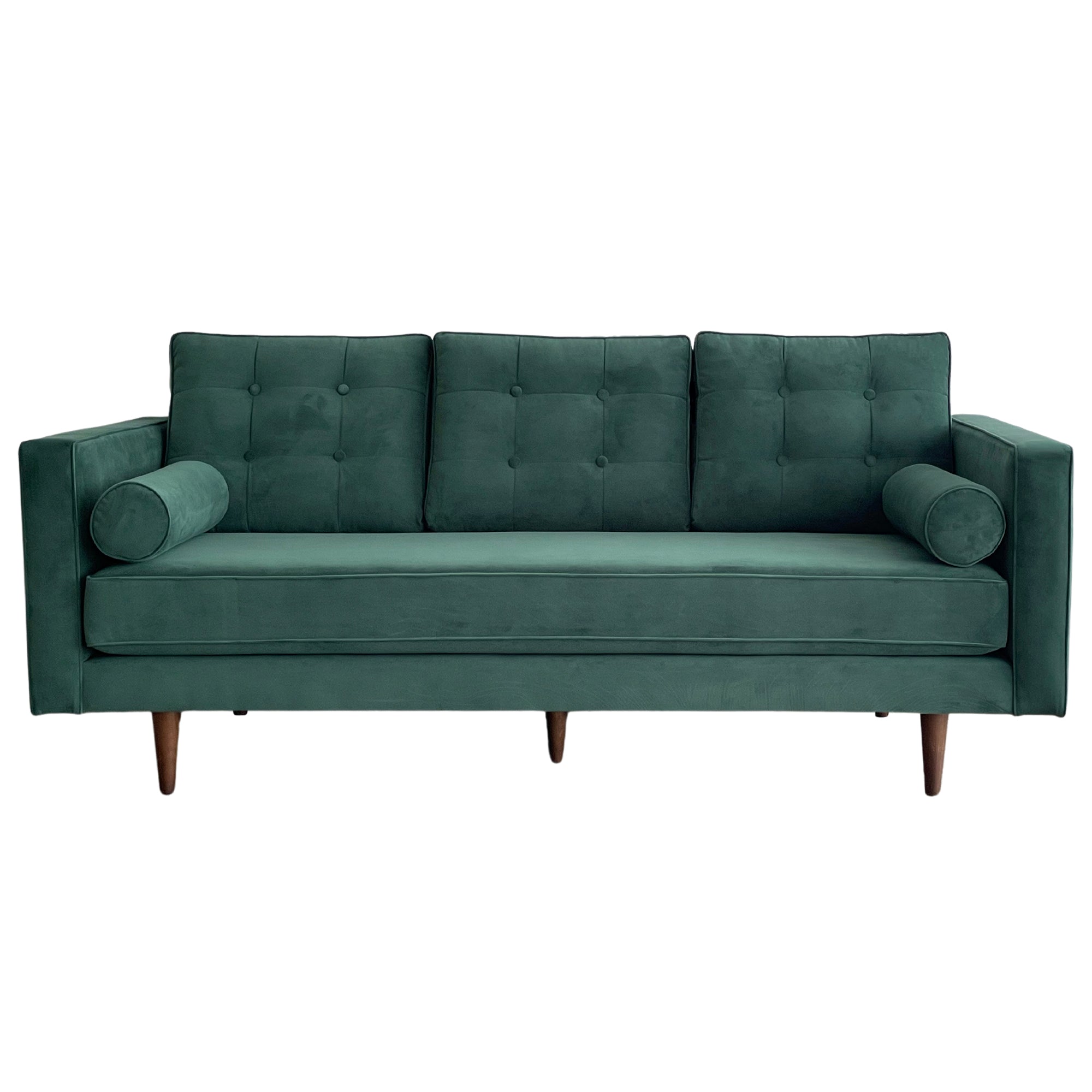 Evie Button Tuffed 3 Seat Sofa Forest Green Velvet W Bolster Cushions OneWorld Collection