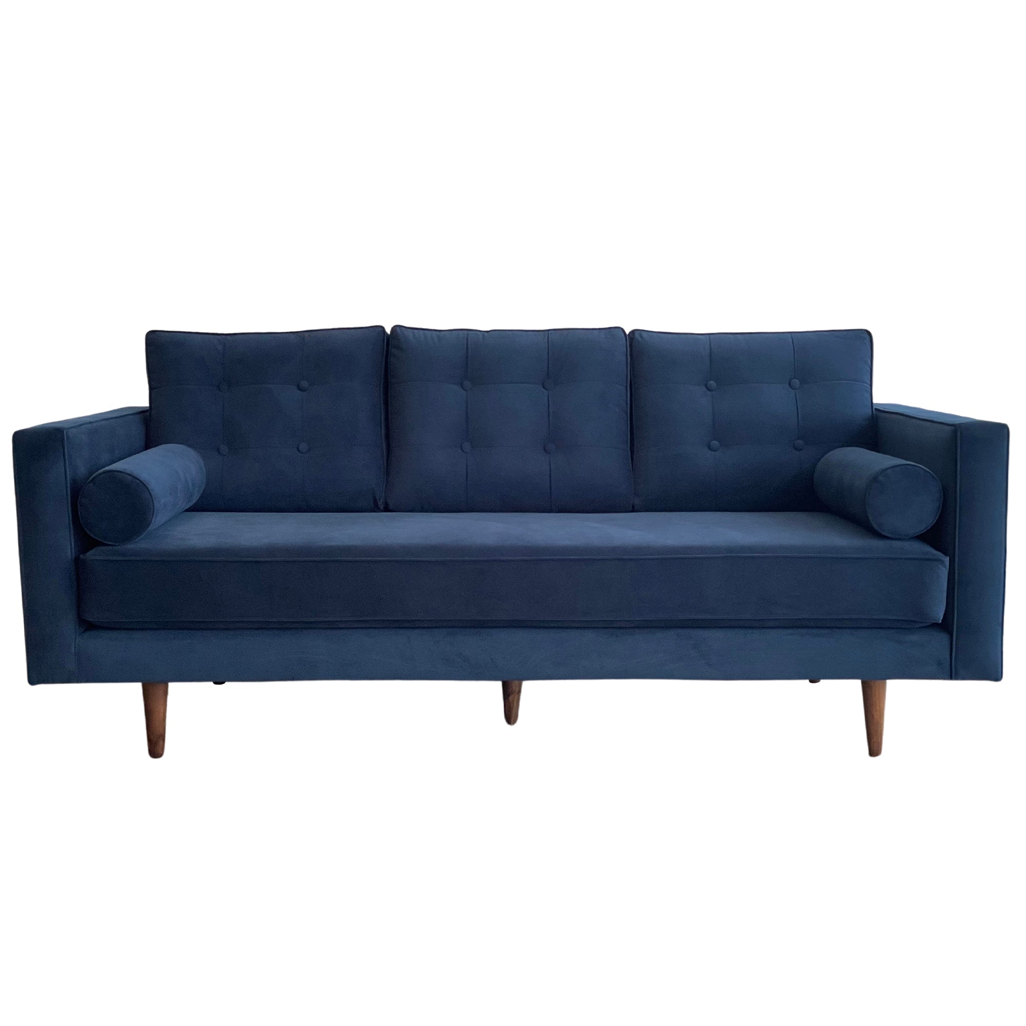 Evie Button Tuffed 3 Seat Sofa Navy Blue Velvet W Bolster Cushions