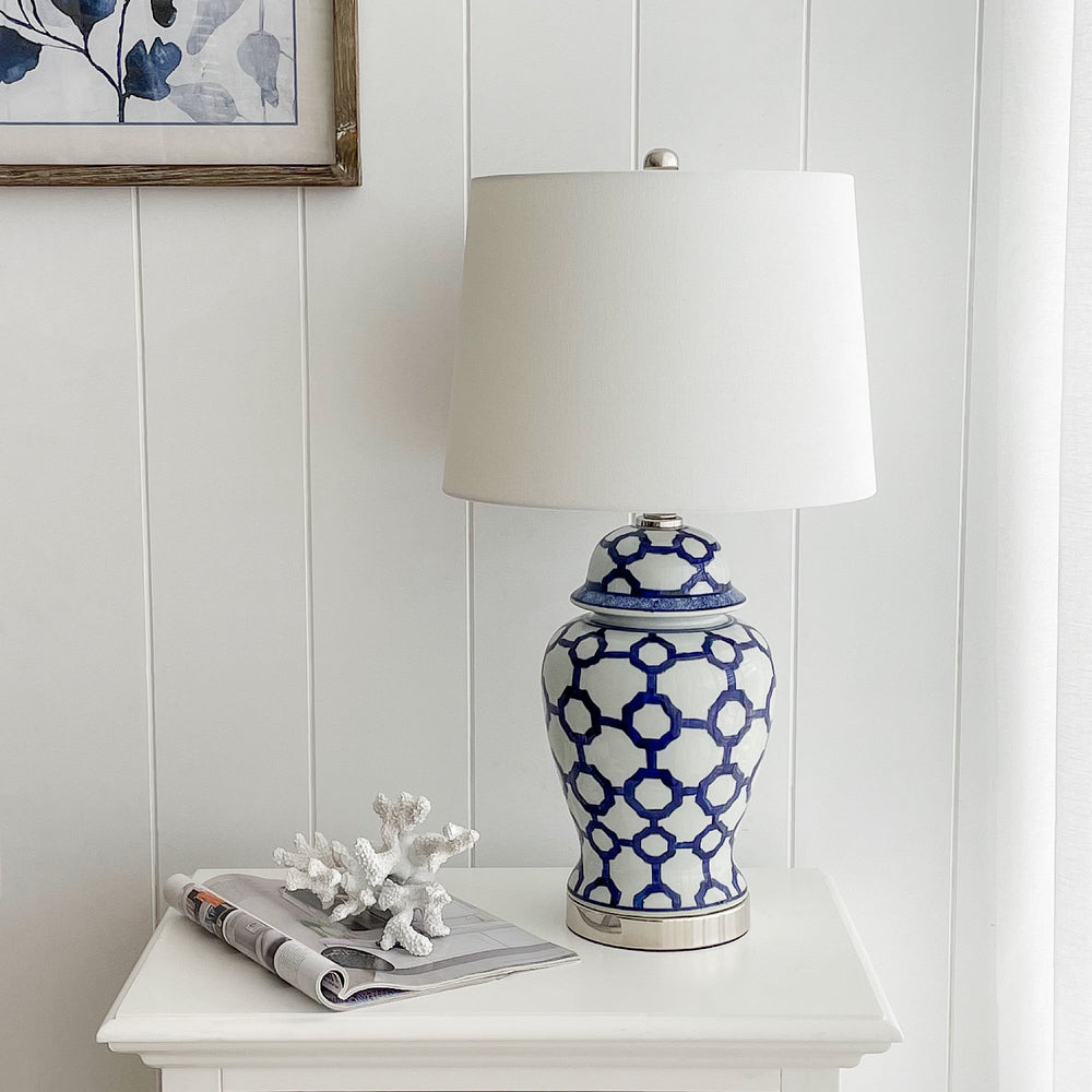 Lucca Small Blue & White Jar Shaped Lamp W/ Shade - OneWorld Collection