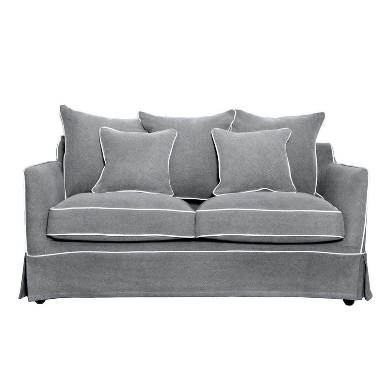 Slip Cover Only - Noosa 2 Seat Hamptons Sofa Grey W/White Piping