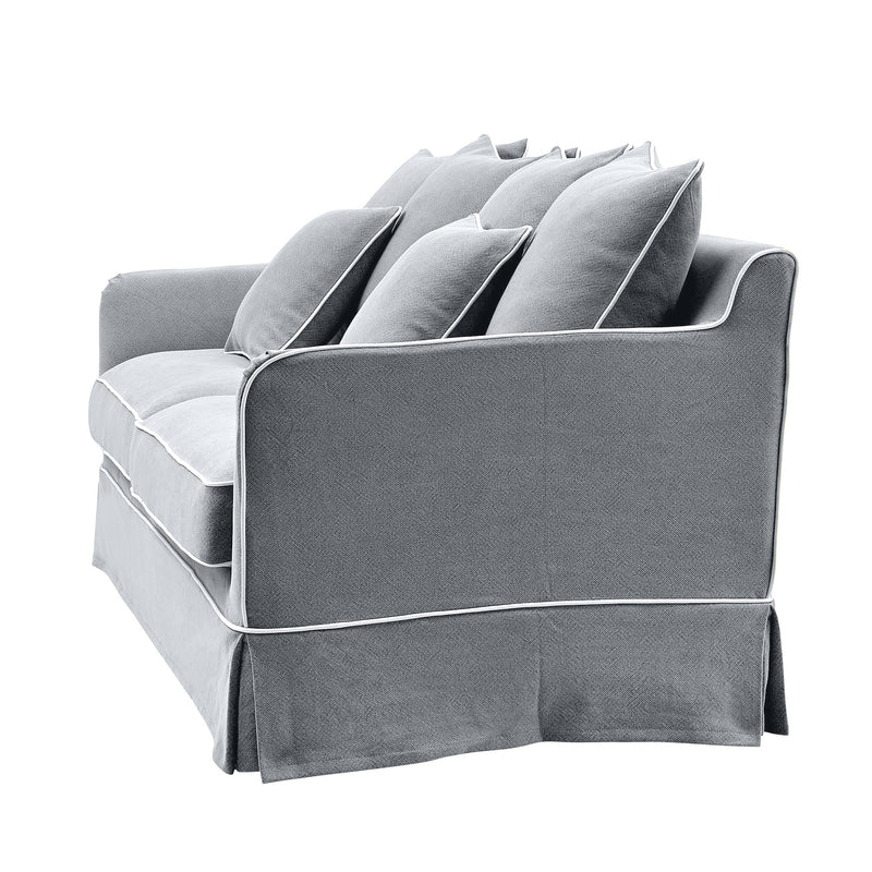 Noosa 3 Seat Hamptons Sofa Grey W/White Piping Linen Blend