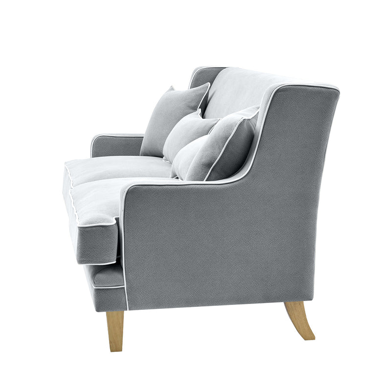 Bondi Hamptons 3 Seat Sofa Grey W/White Piping Linen Blend