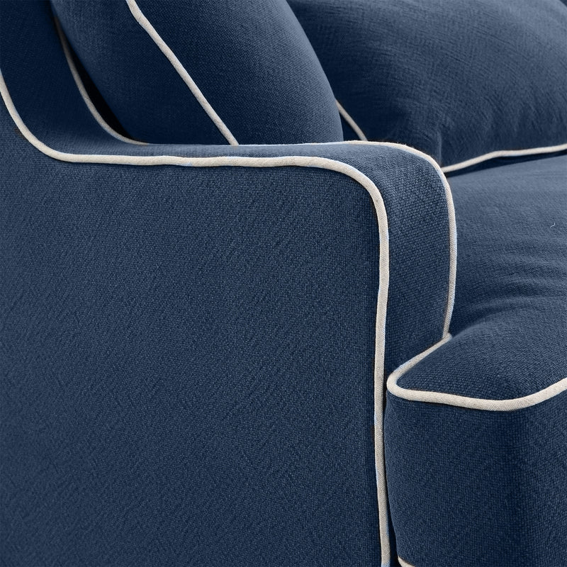 Bondi 3 Seat Hamptons Sofa Navy W/White Piping Linen Blend