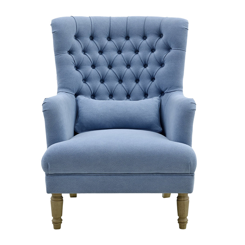 Bayside Slate Blue Hamptons Button Tufted Winged Armchair W/Wooden Legs