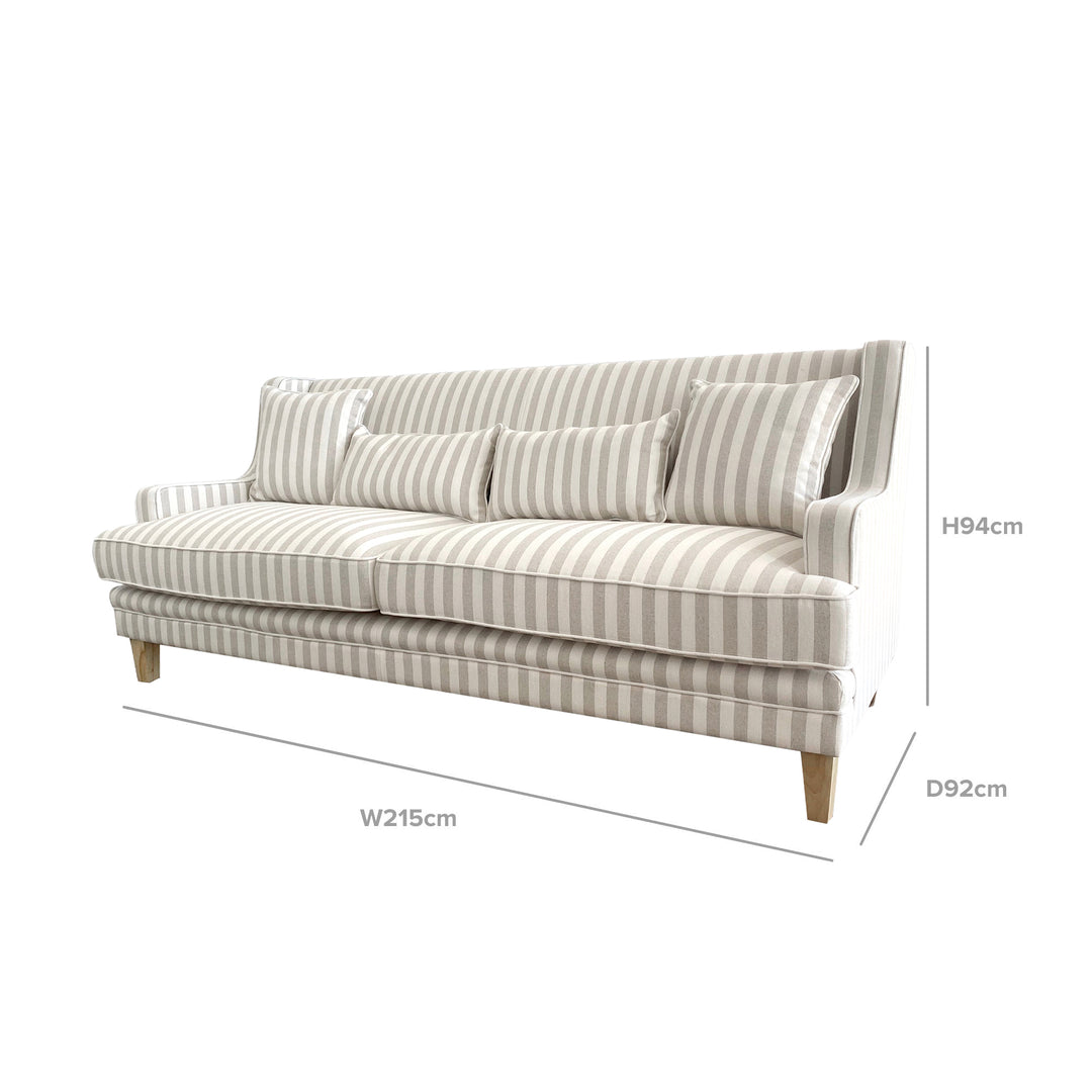 Bondi Hamptons 3 Seat Sofa Natural Stripe W/White Piping