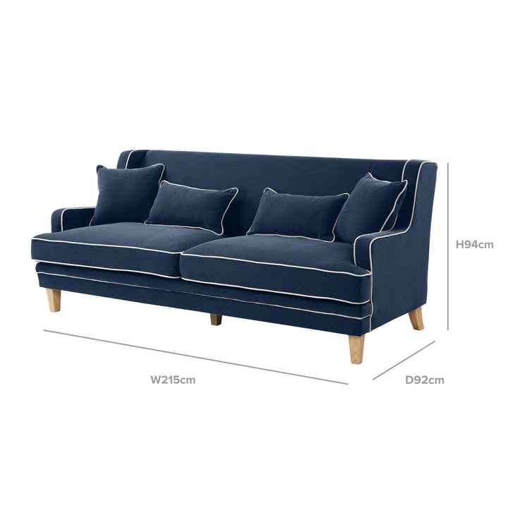 Bondi Hamptons 3 Seat Sofa Navy W/White Piping