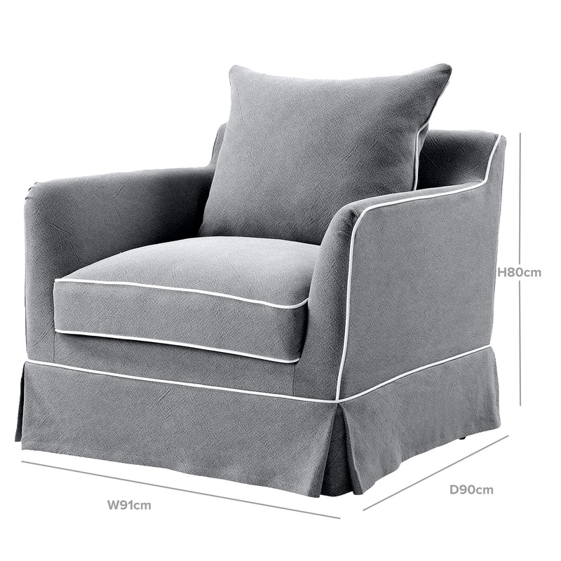 Slip Cover Only - Noosa Hamptons Armchair Grey W/White Piping